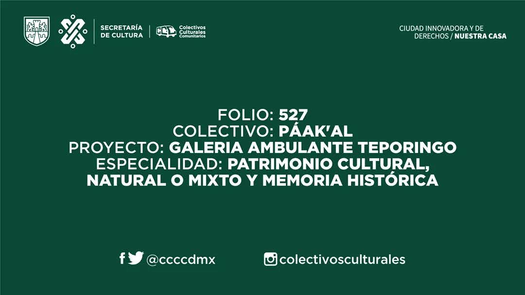 Folio 527. Colectivo Páak'al. Proyecto: Galería Ambulante Teporingo. Especialidad: Patrimonio cultural, natural o mixto y memoria histórica. Secretaría de Cultura. Colectivos Culturales Comunitarios CDMX 2020